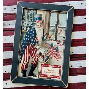 Primitive Framed Uncle Sam Christmas Picture: Americana Folk Art, 18x14
